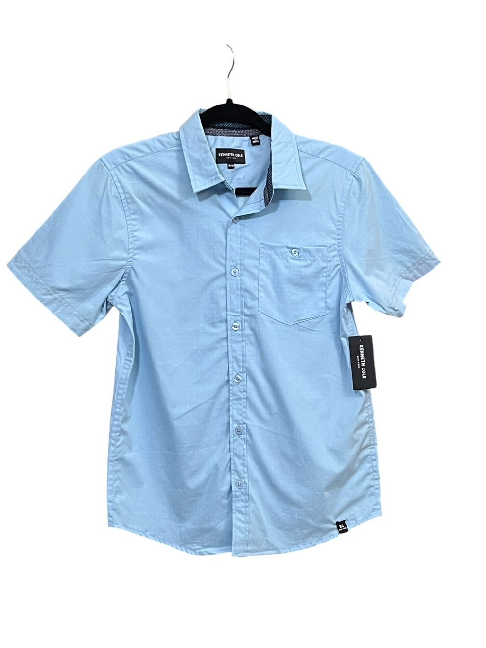 Kenneth Cole Boys Diamond Print Button Up Shirt 14-16 Light Blue